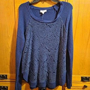 Cloud Chaser Women's Navy Blue Round Neck Knit Sweater Floral Lace Front Size Xl